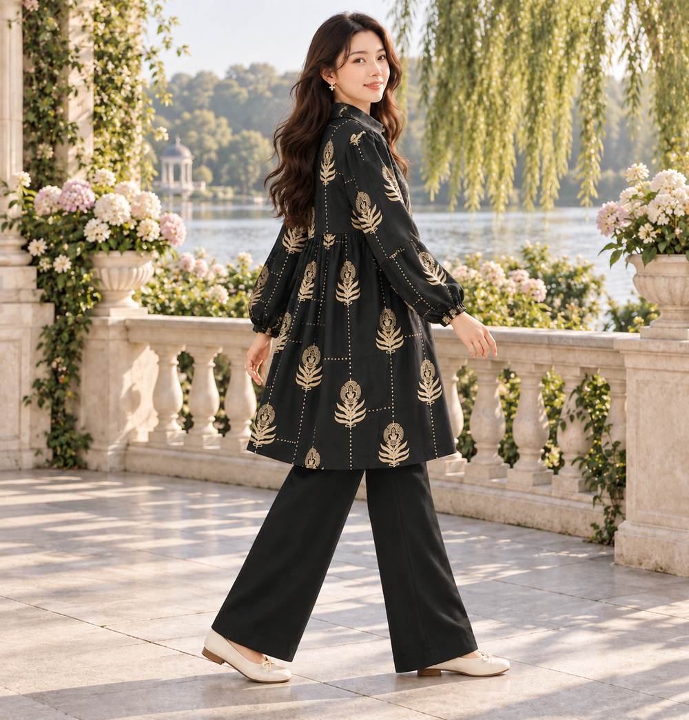 Black & Gold Botanical Babydoll Frock Trouser Set