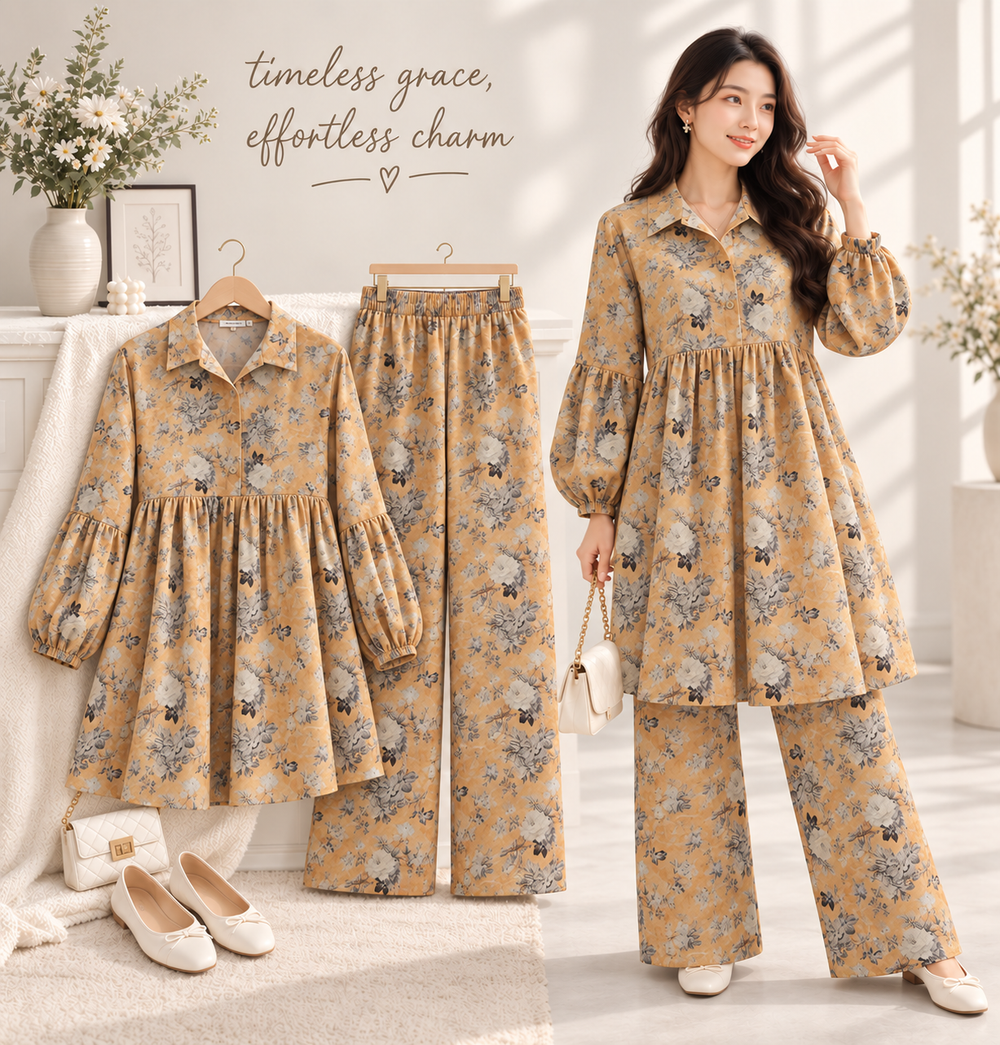 Peach Vintage Floral Babydoll Frock & Trouser Set
