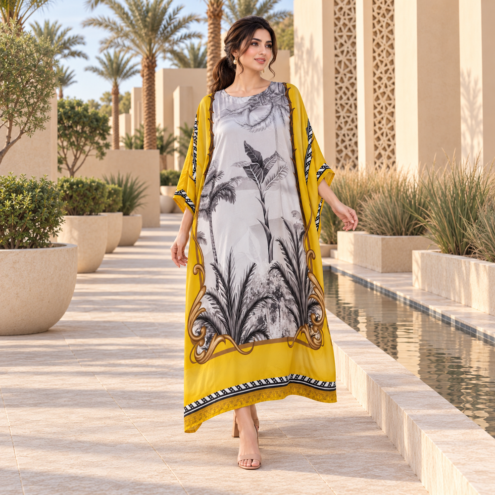 Mustard Tropical Landscape Kaftan - Free Size