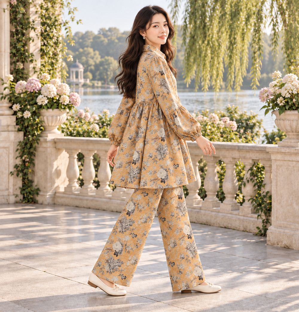 Peach Vintage Floral Babydoll Frock & Trouser Set