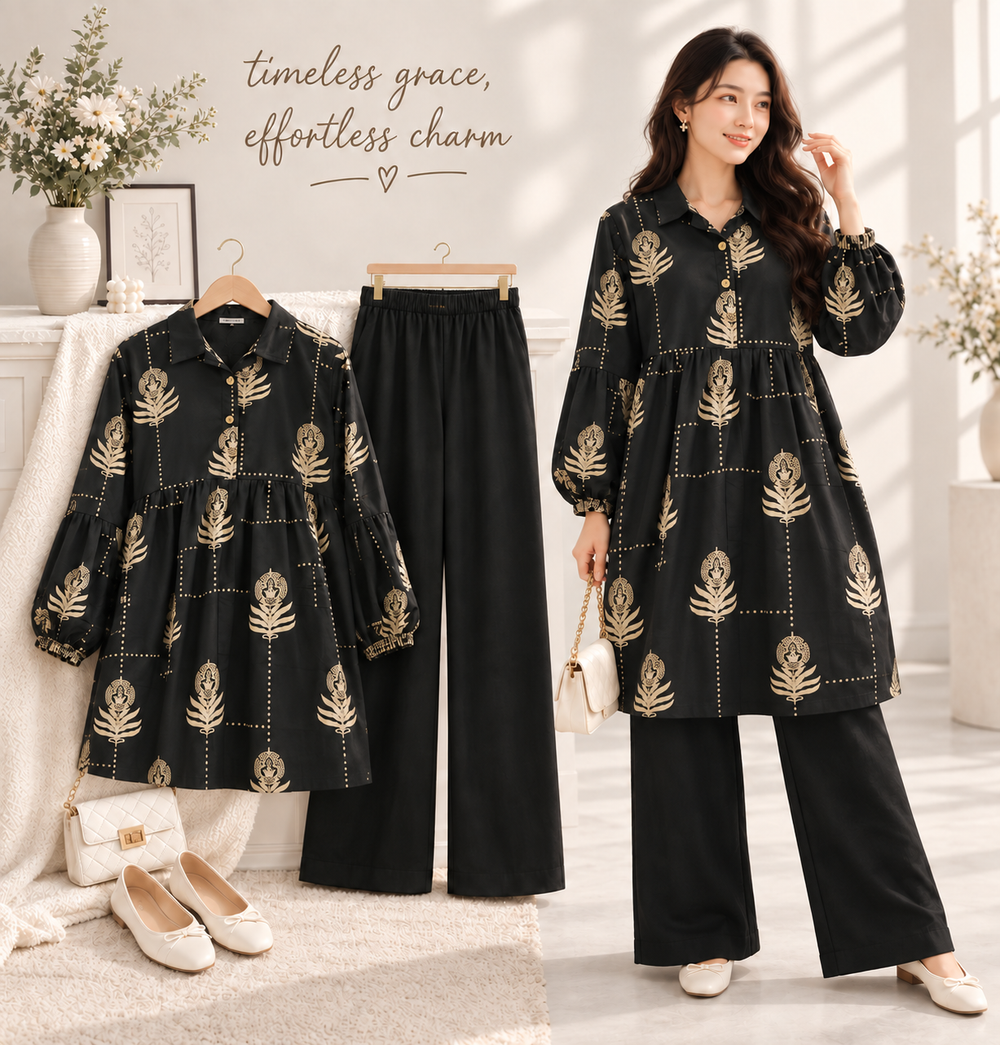Black & Gold Botanical Babydoll Frock Trouser Set