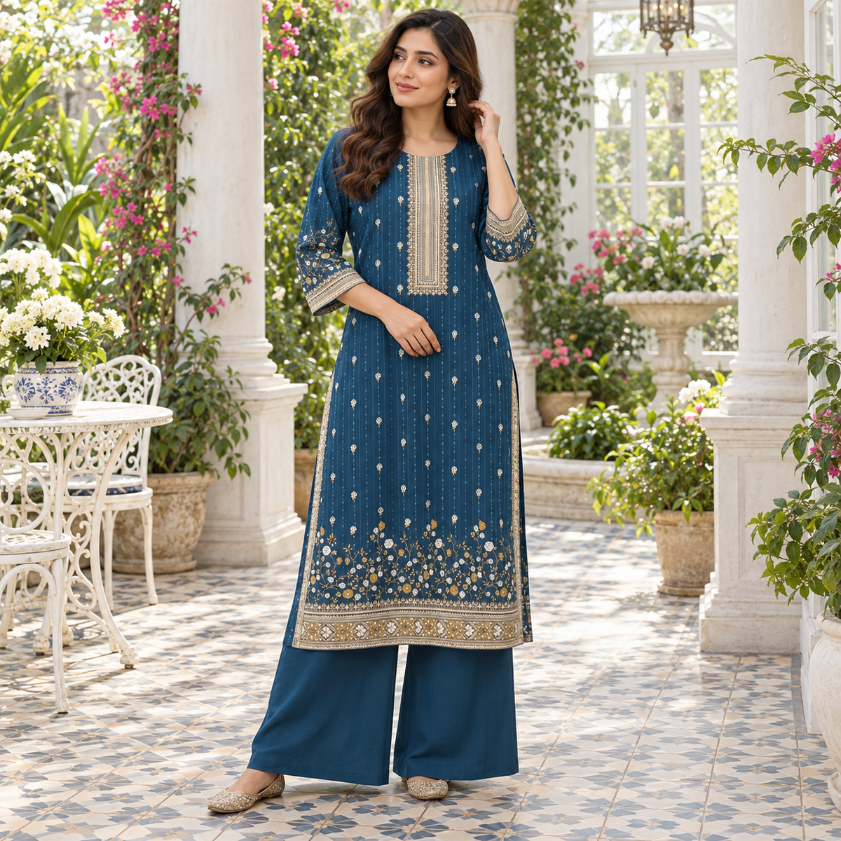Teal Floral Border Kurta & Palazzo Set