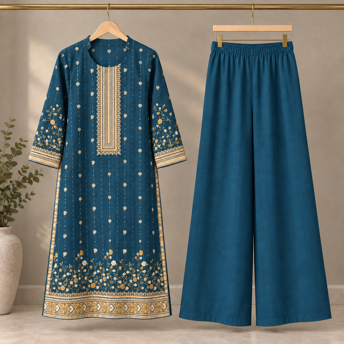 Teal Floral Border Kurta & Palazzo Set