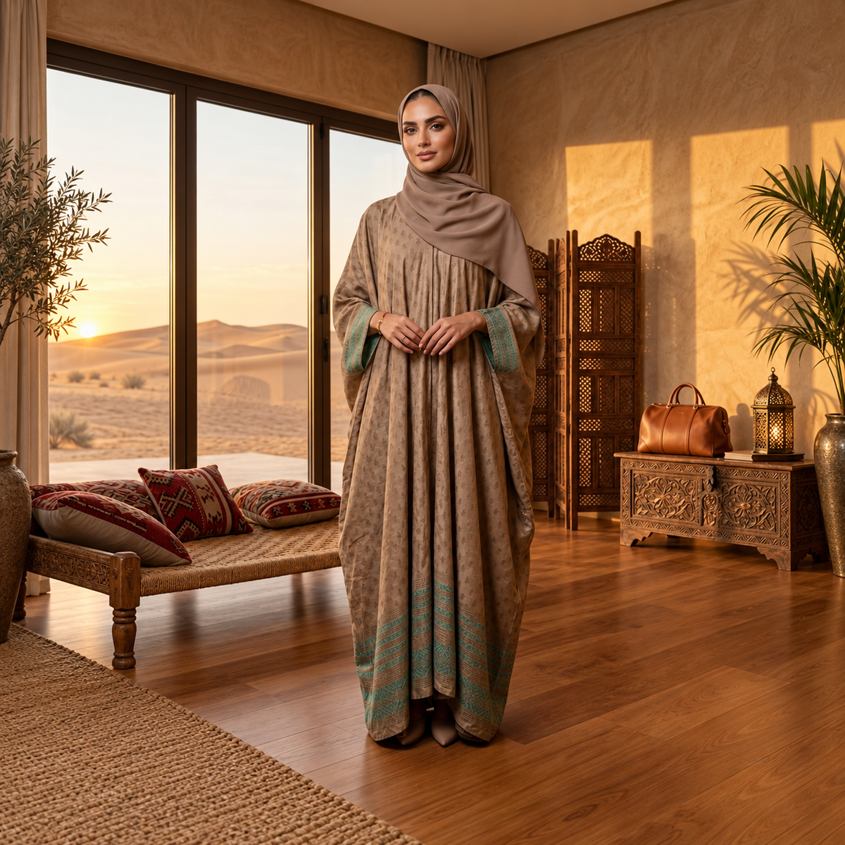 Mocha Brown Floral Border Kaftan Abaya