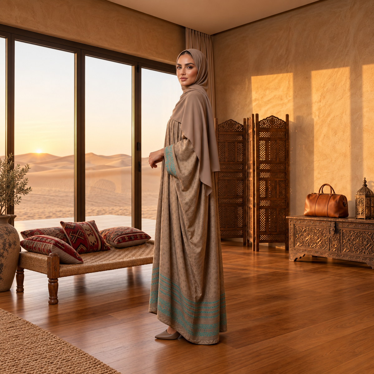 Mocha Brown Floral Border Kaftan Abaya
