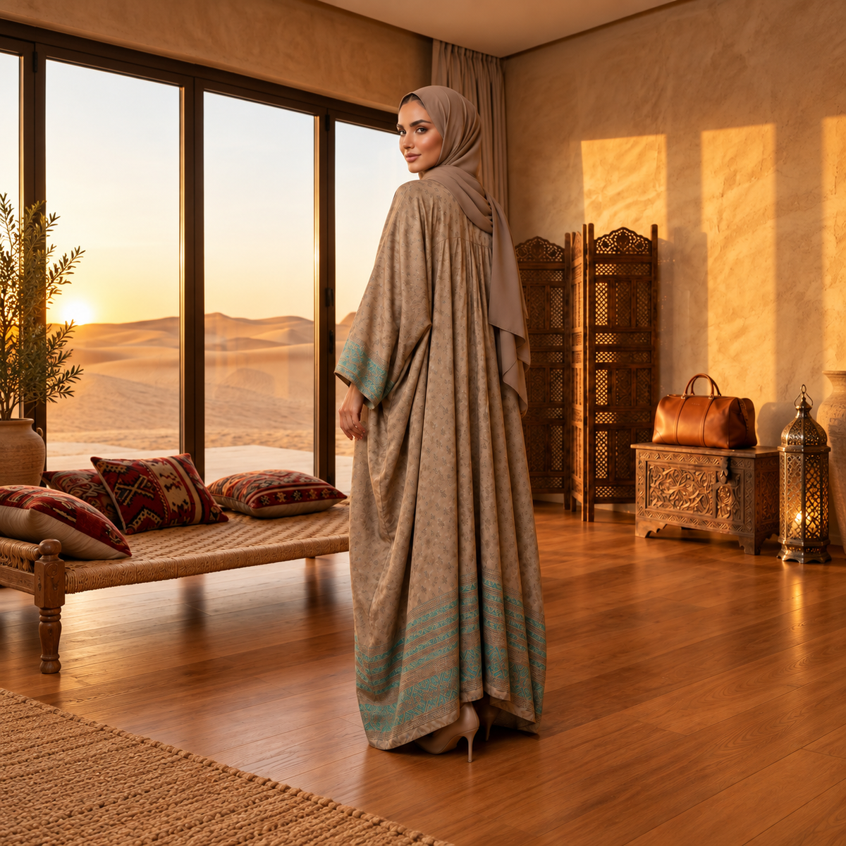 Mocha Brown Floral Border Kaftan Abaya