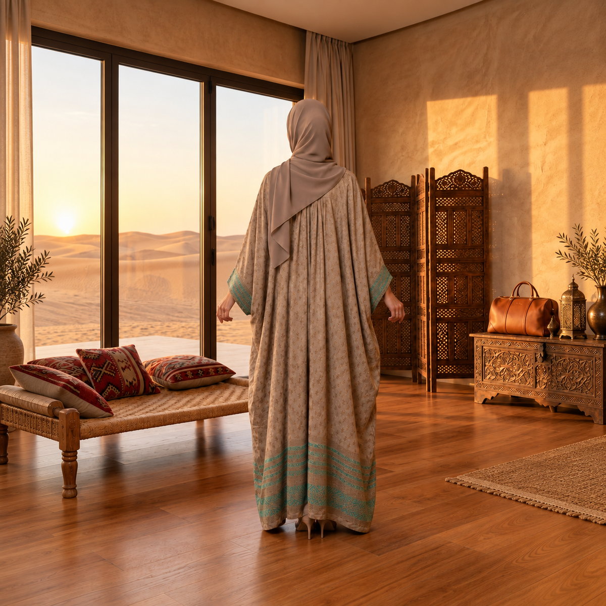 Mocha Brown Floral Border Kaftan Abaya