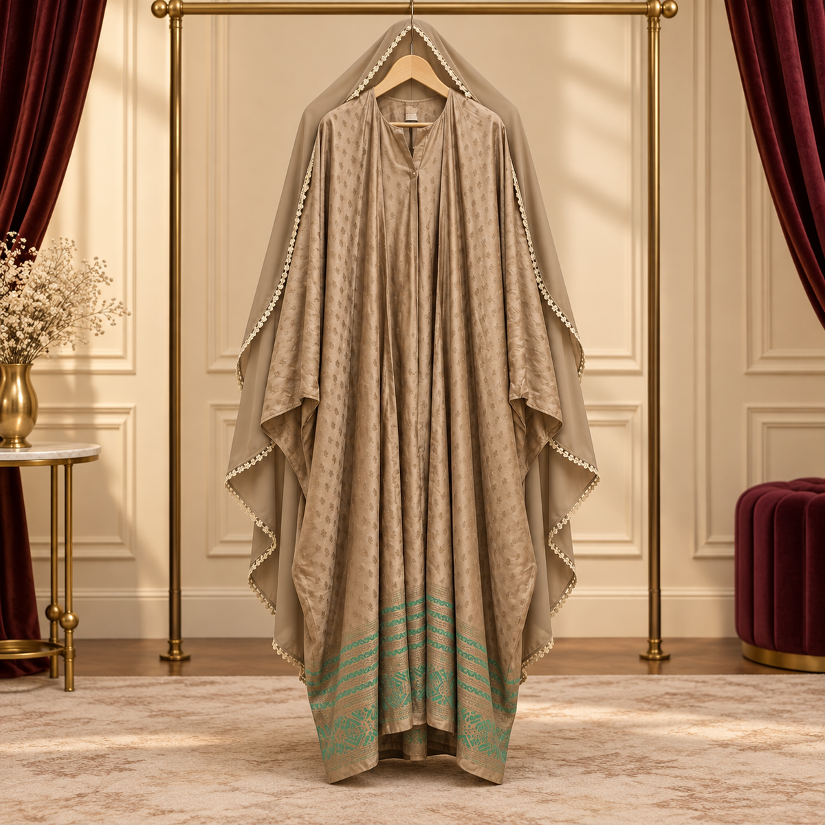 Mocha Brown Floral Border Kaftan Abaya