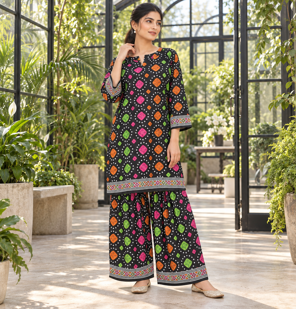 Black Multicolour Bandhani Kurta & Pleated Trouser Set