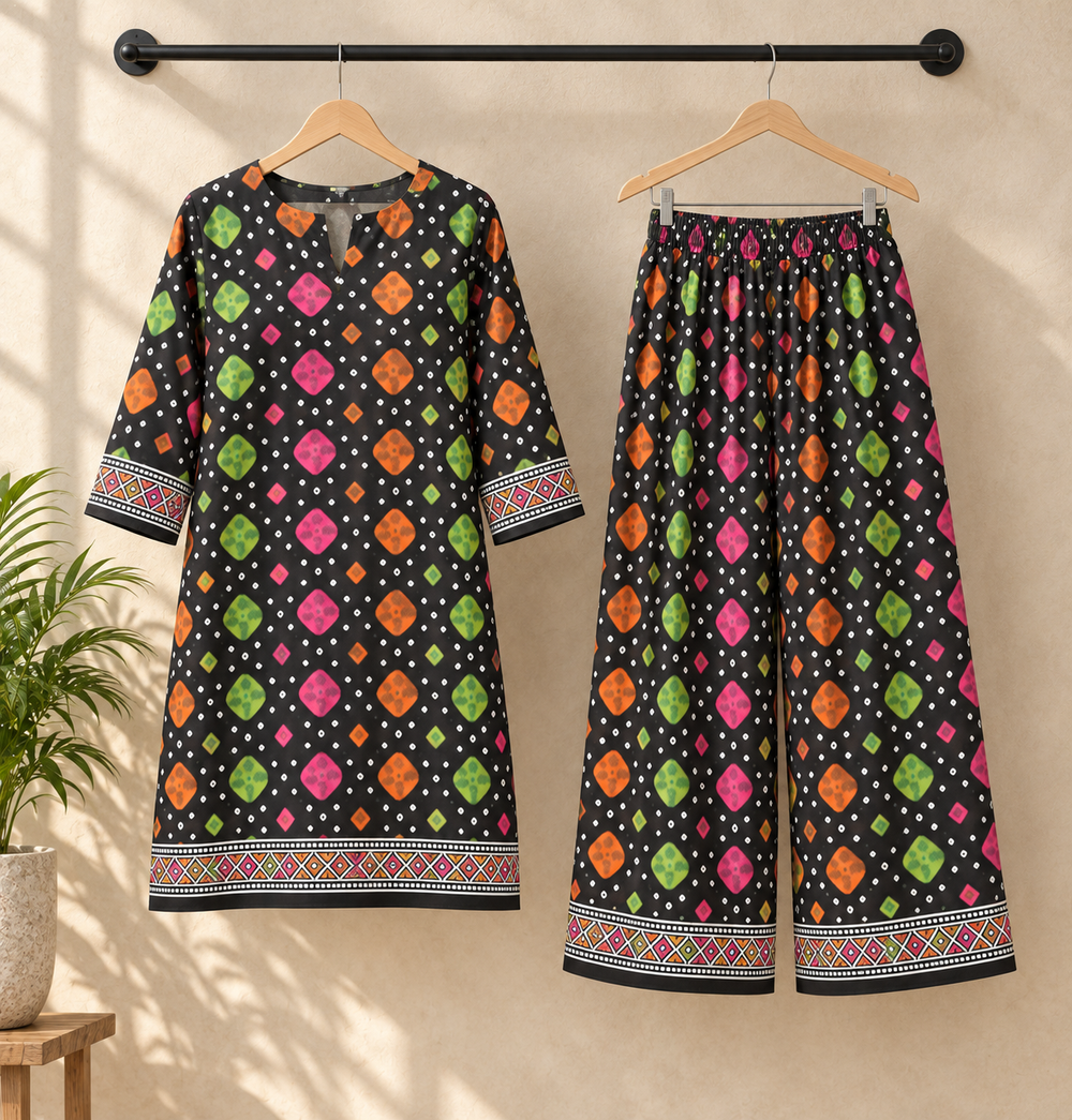 Black Multicolour Bandhani Kurta & Pleated Trouser Set
