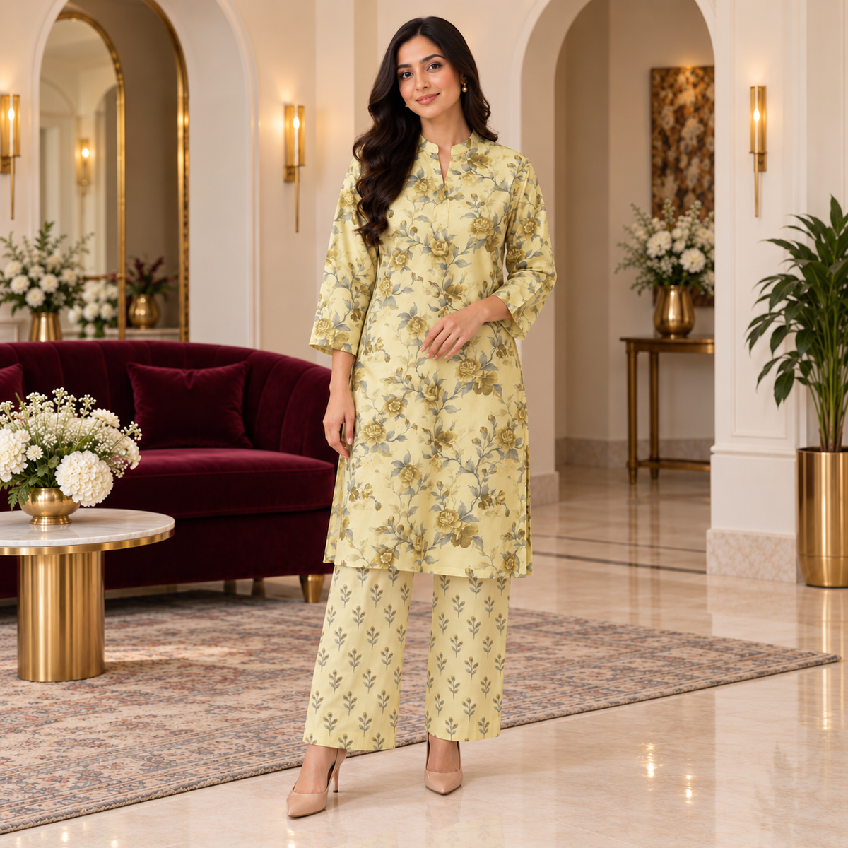 Lemon Blossom Floral Kurta & Trouser Two-Piece Set