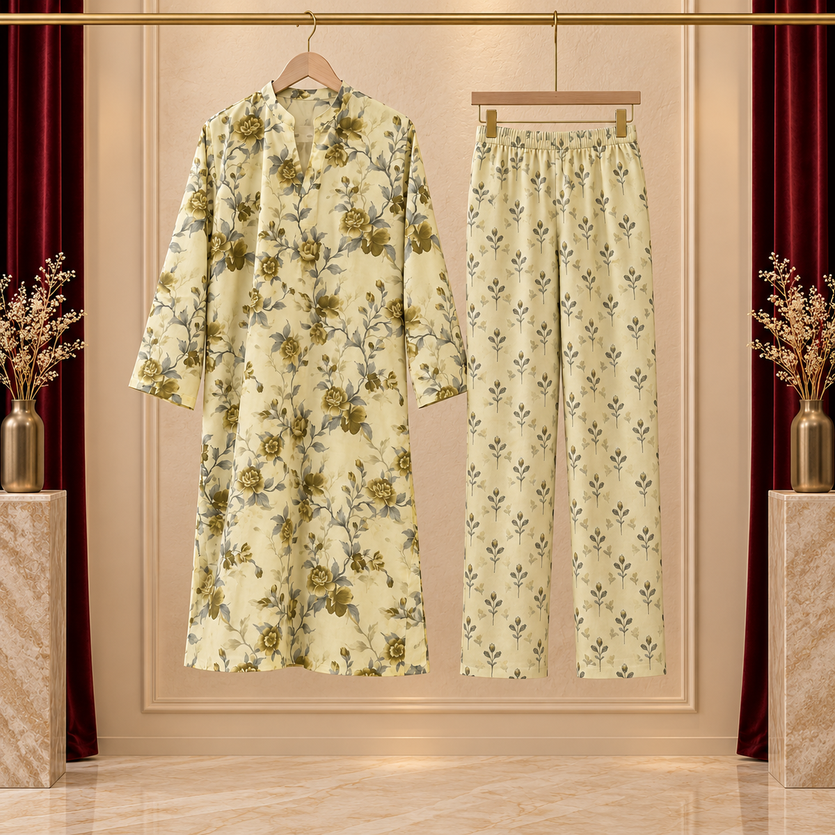 Lemon Blossom Floral Kurta & Trouser Two-Piece Set