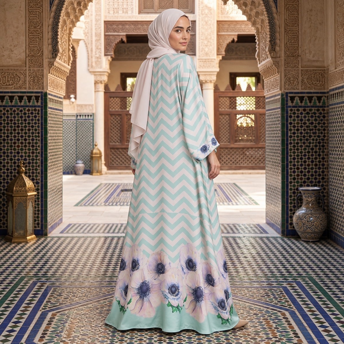 Ferozi Chevron Floral Border Kaftan Abaya