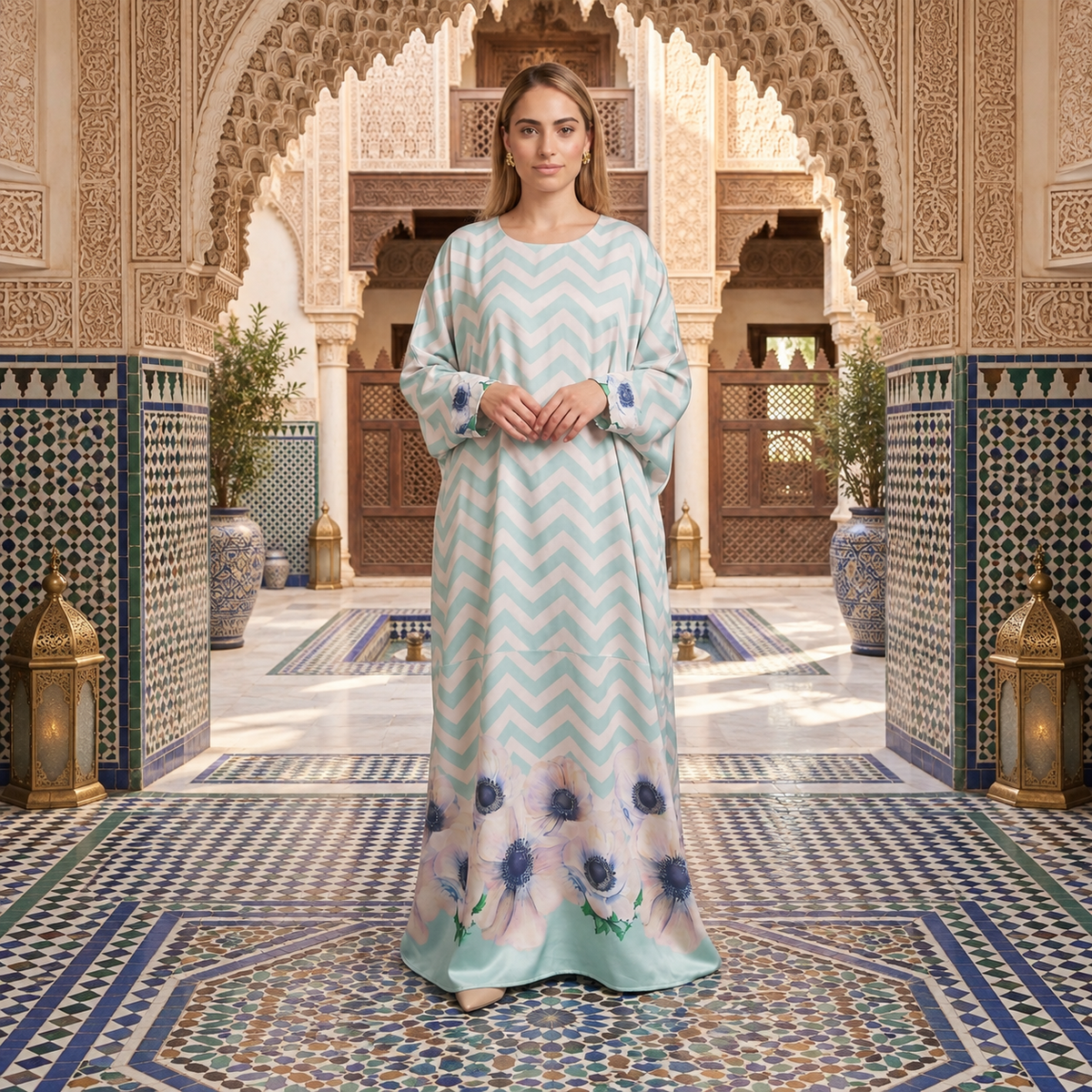 Ferozi Chevron Floral Border Kaftan Abaya