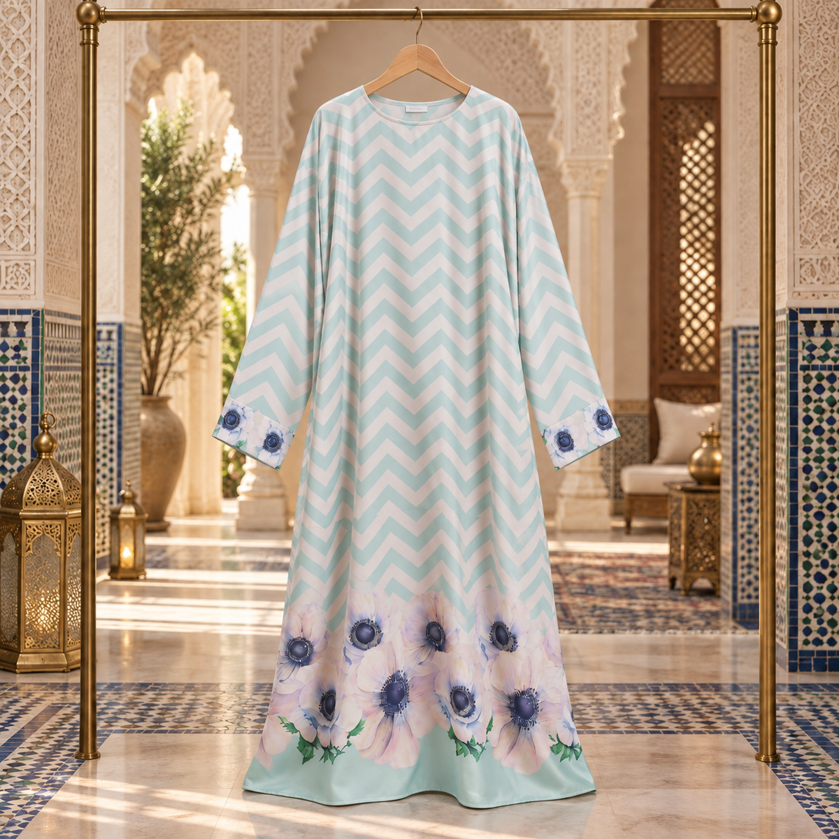 Ferozi Chevron Floral Border Kaftan Abaya
