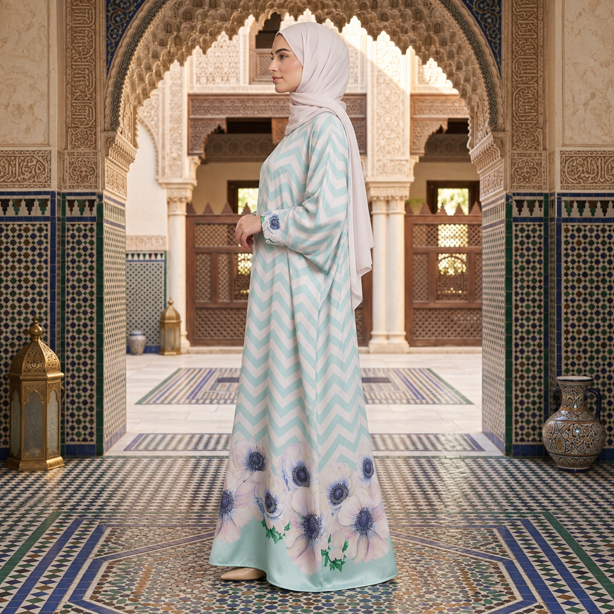 Ferozi Chevron Floral Border Kaftan Abaya