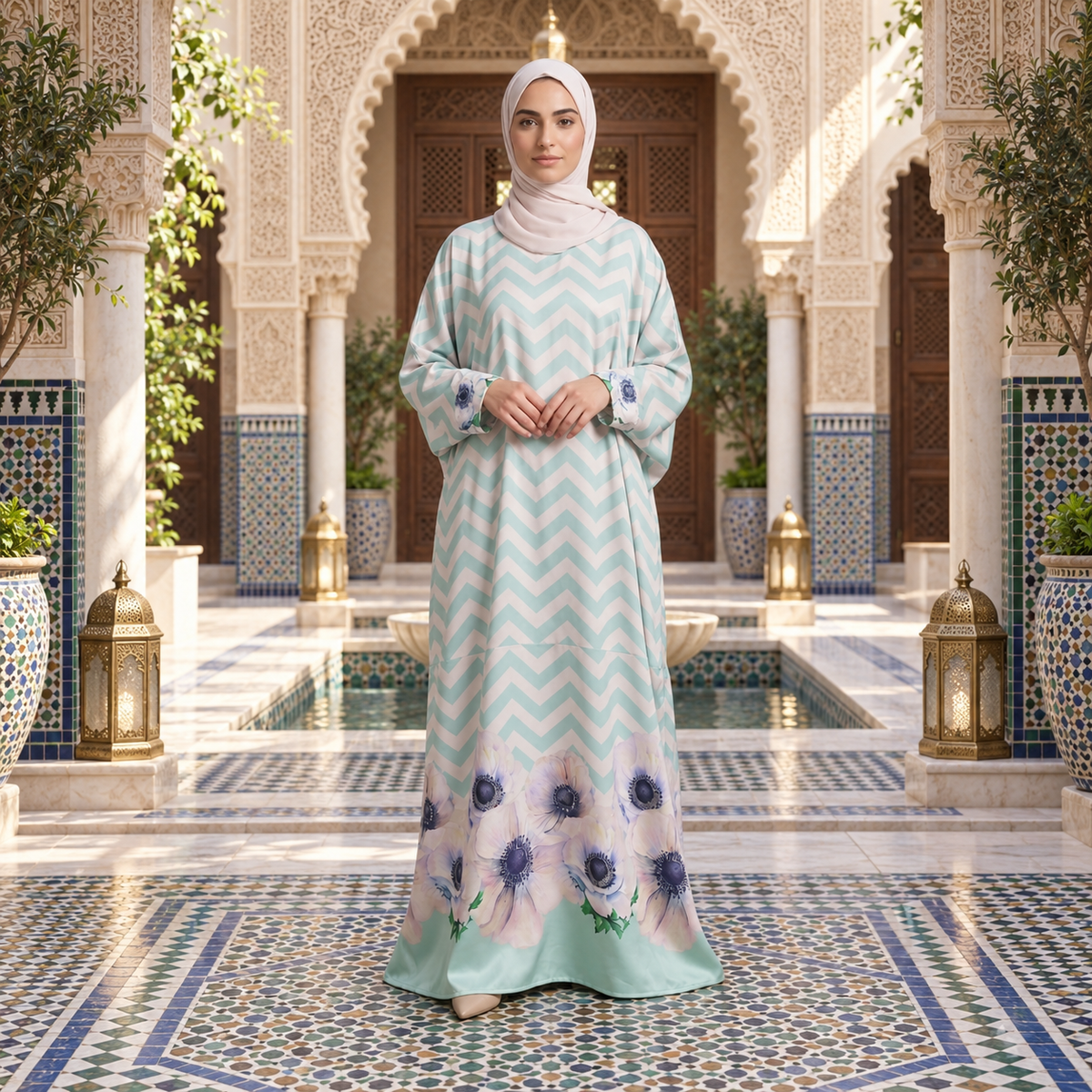 Ferozi Chevron Floral Border Kaftan Abaya