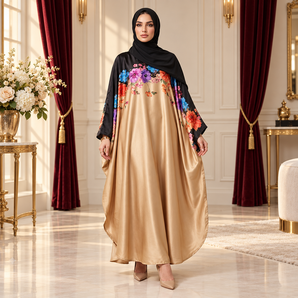 Golden & Black Floral Kaftan Abaya
