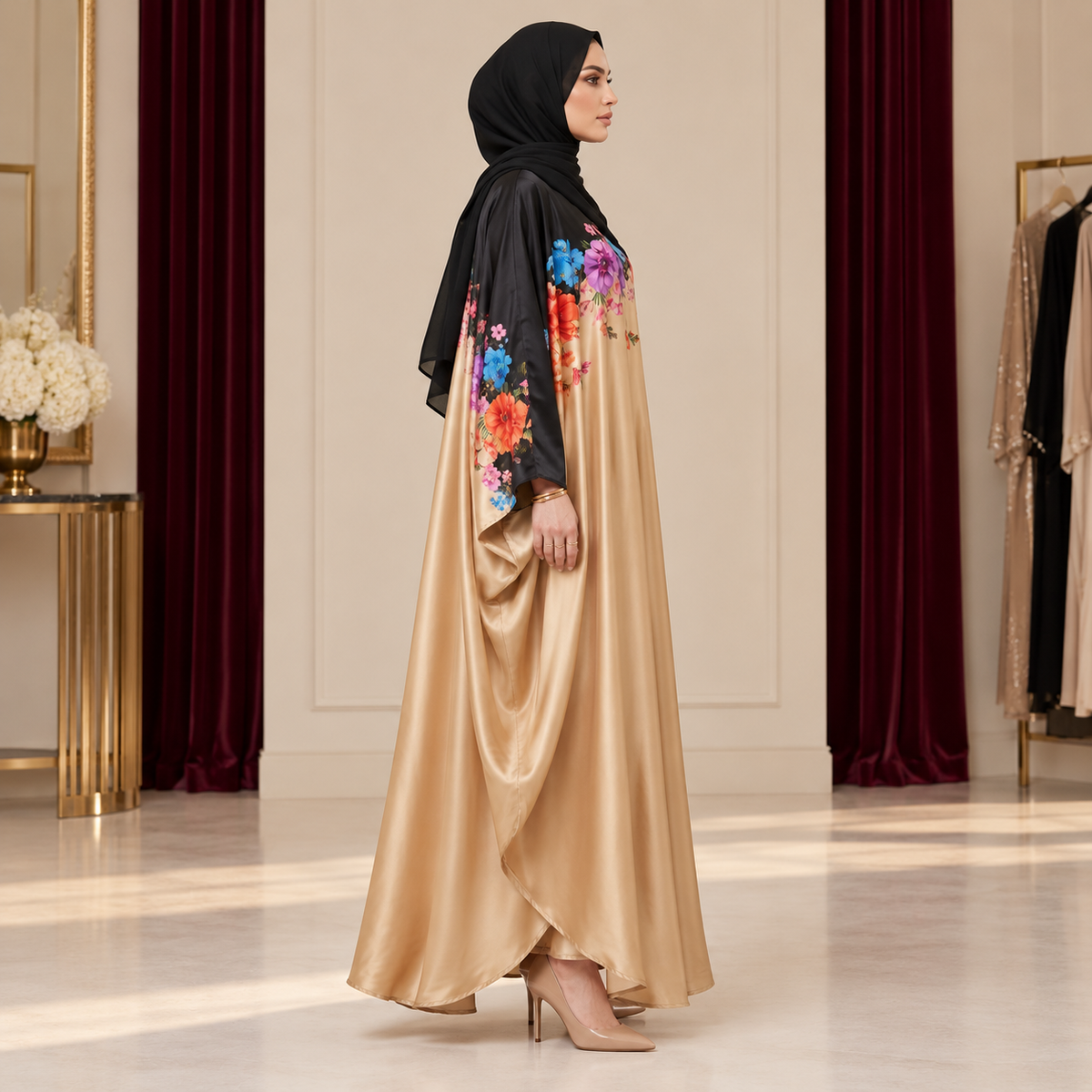 Golden & Black Floral Kaftan Abaya