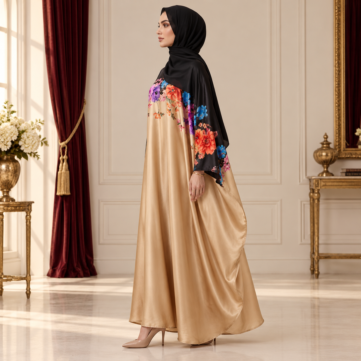 Golden & Black Floral Kaftan Abaya