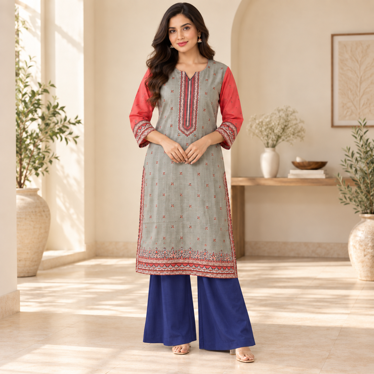 Elegant Dove Grey, Coral & Navy Printed Kurta Trouser Set