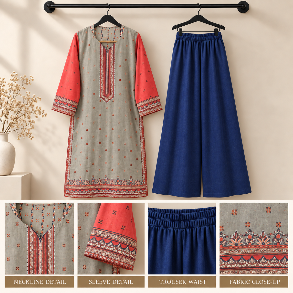 Elegant Dove Grey, Coral & Navy Printed Kurta Trouser Set