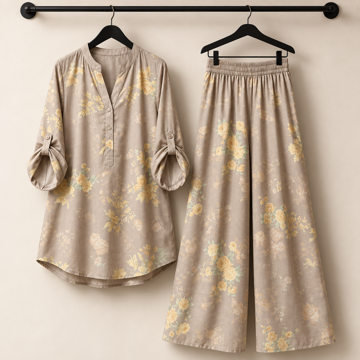 Soft Taupe Floral Tunic & Wide-Leg Trouser Co-Ord Set