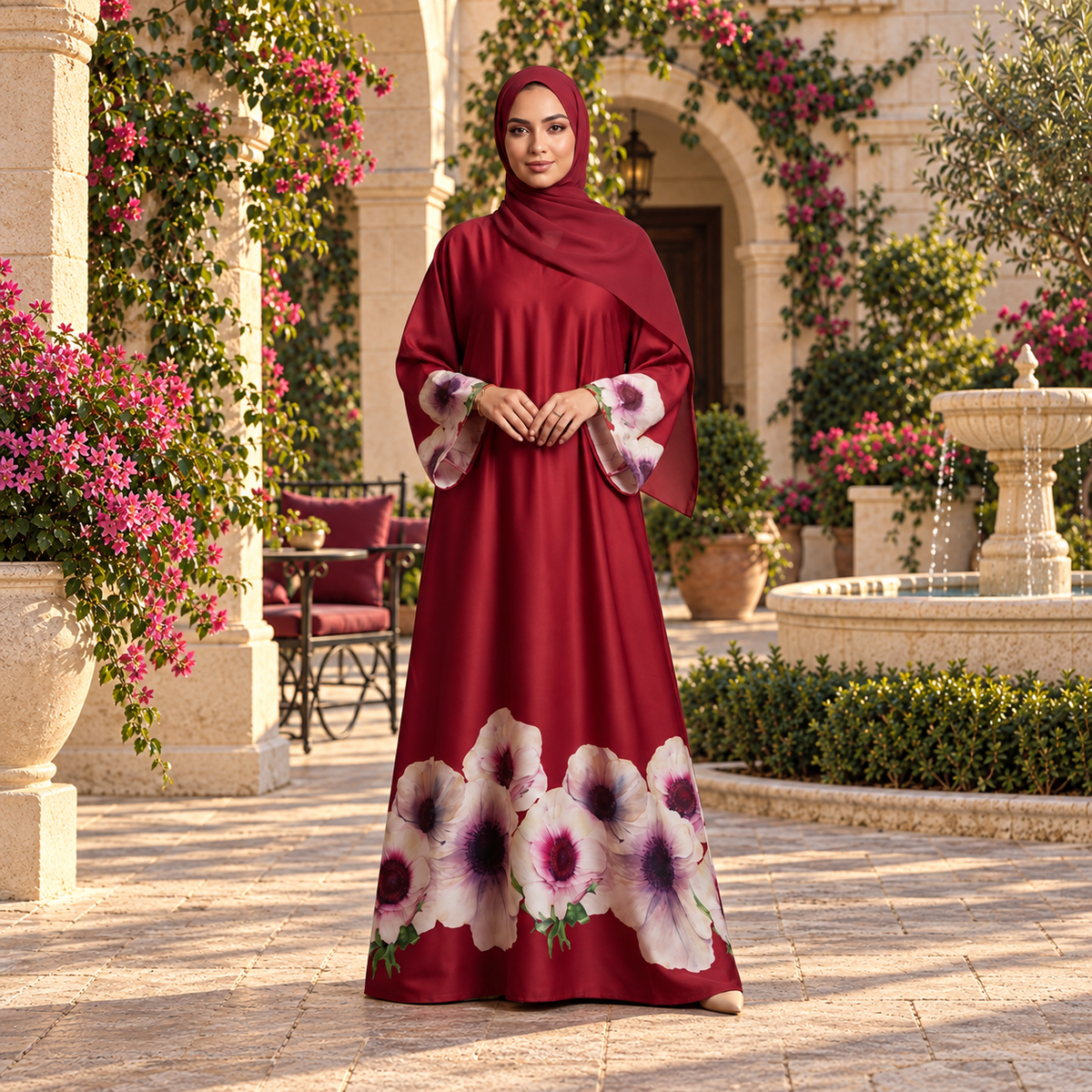 Maroon Floral Hem A-Line Abaya