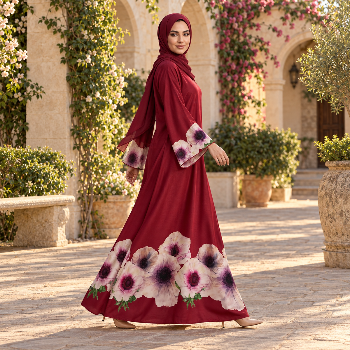 Maroon Floral Hem A-Line Abaya