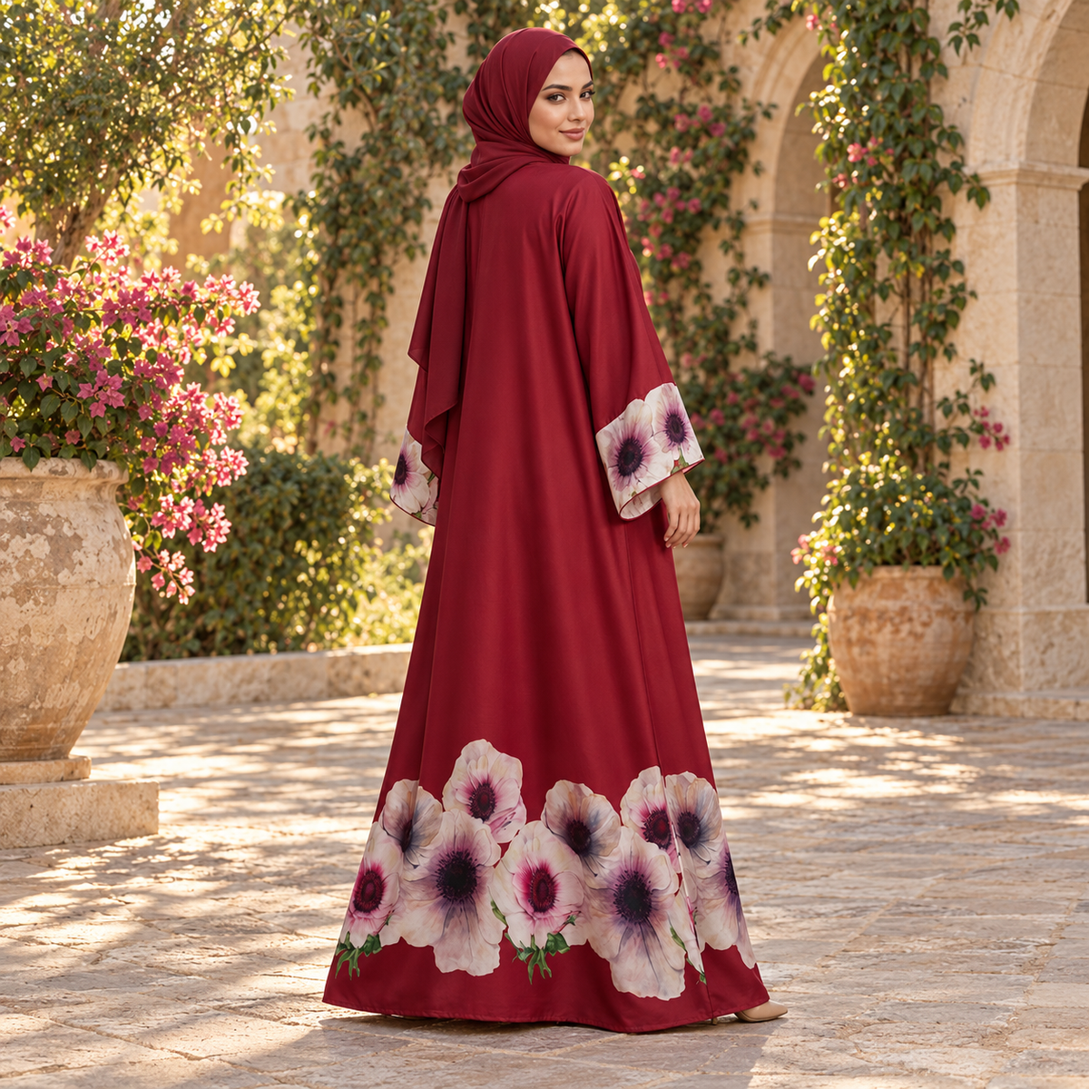 Maroon Floral Hem A-Line Abaya