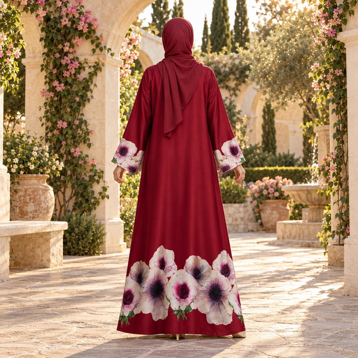 Maroon Floral Hem A-Line Abaya