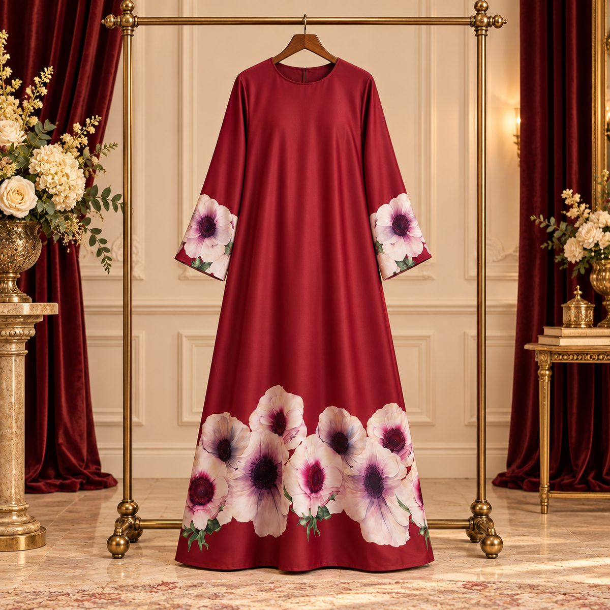 Maroon Floral Hem A-Line Abaya