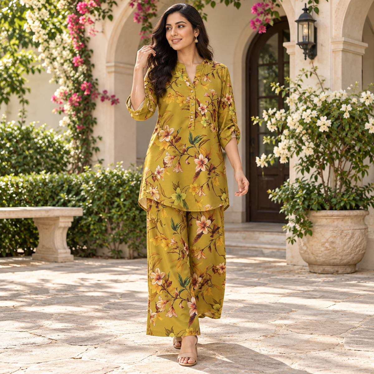 Mustard Olive Botanical Tunic & Palazzo Co-Ord Set