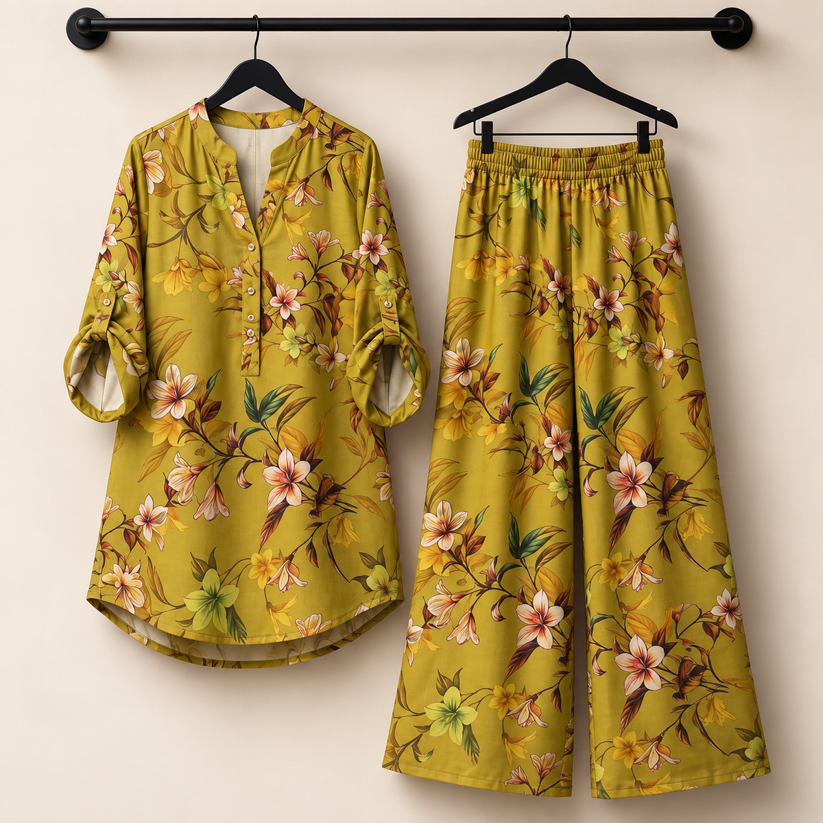 Mustard Olive Botanical Tunic & Palazzo Co-Ord Set
