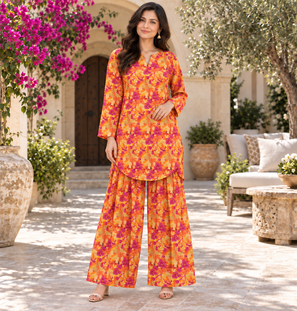 Sunset Floral Round-Hem Kurta & Pleated Trouser Set