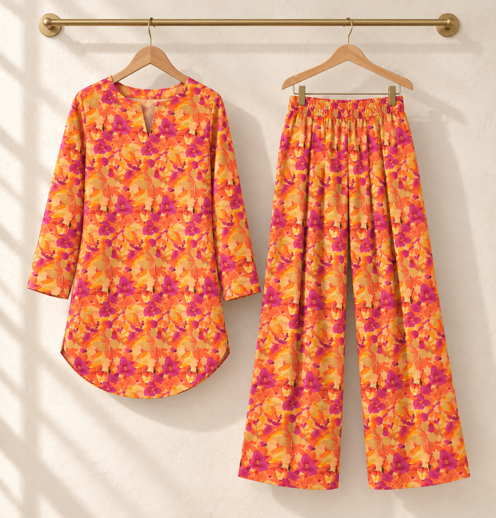 Sunset Floral Round-Hem Kurta & Pleated Trouser Set