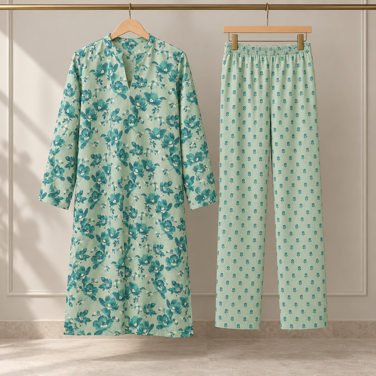 Mint Aqua Floral Kurta & Straight Trouser Set