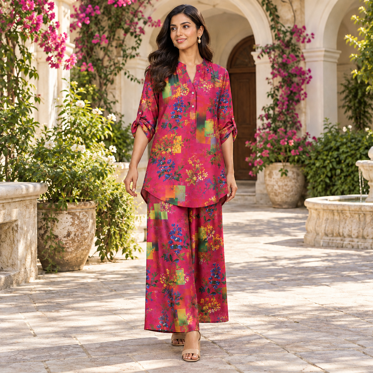 Vibrant Magenta Floral Tunic & Palazzo Co-Ord Set