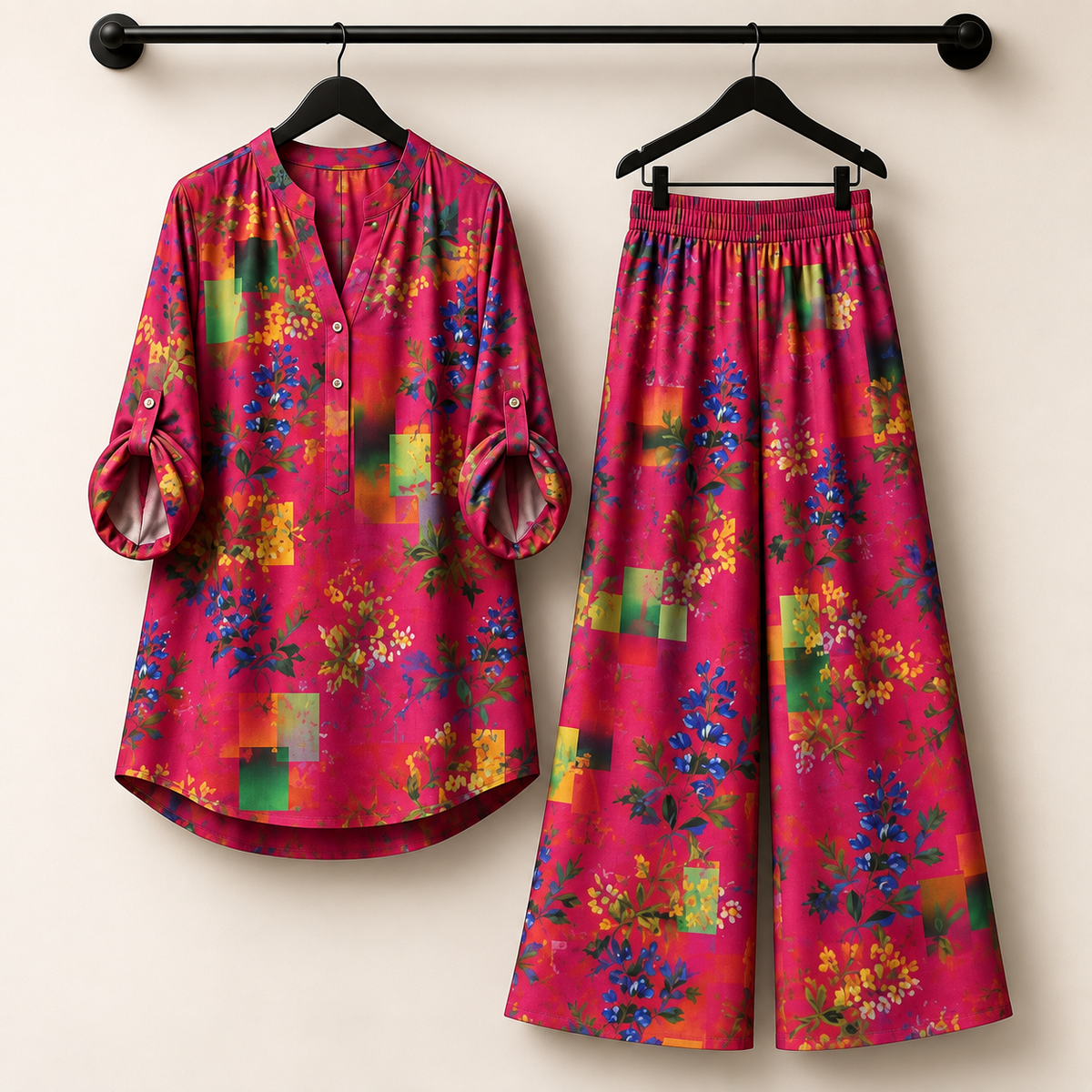 Vibrant Magenta Floral Tunic & Palazzo Co-Ord Set