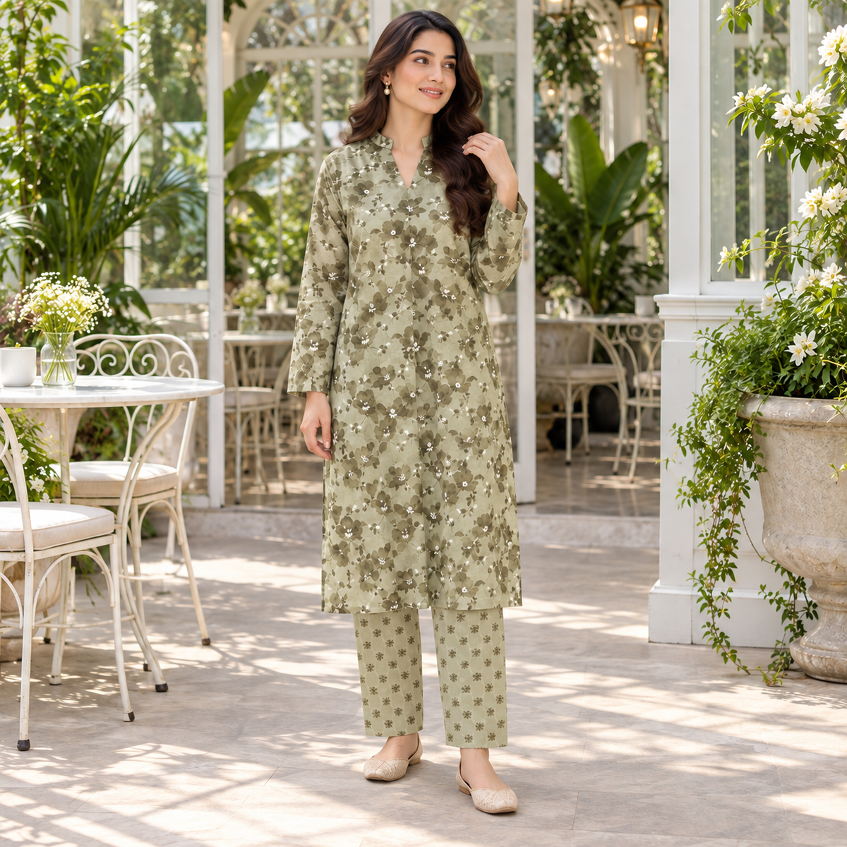 Sage Green Floral Kurta &amp; Straight Trouser Set