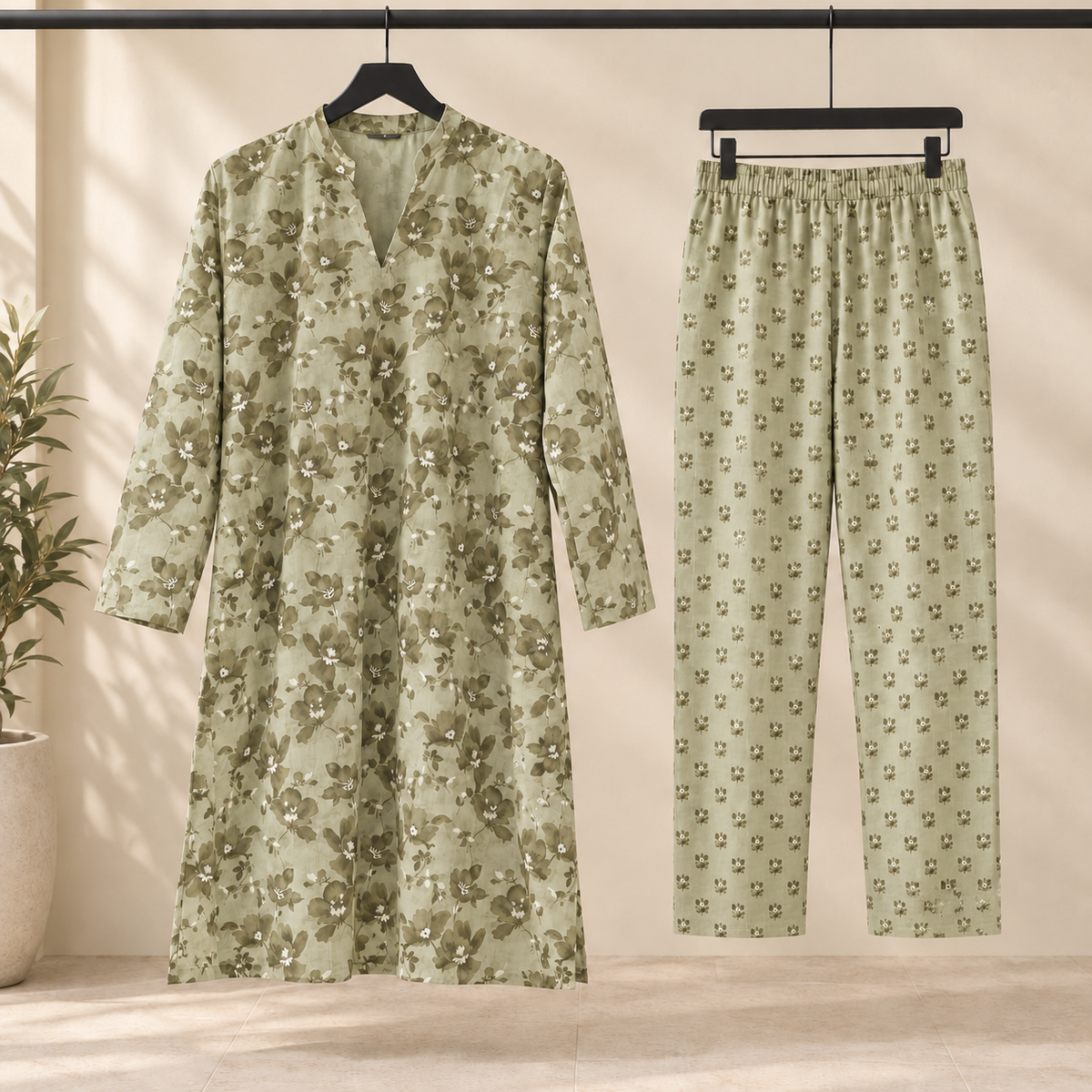 Sage Green Floral Kurta &amp; Straight Trouser Set