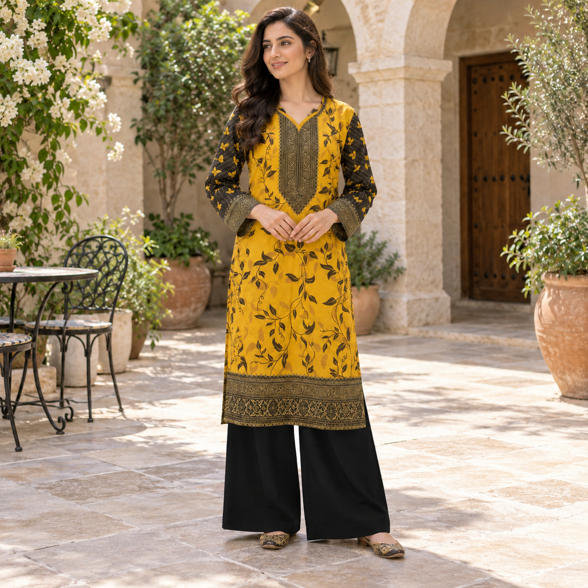 Mustard Vine Print Kurta & Black Palazzo Set