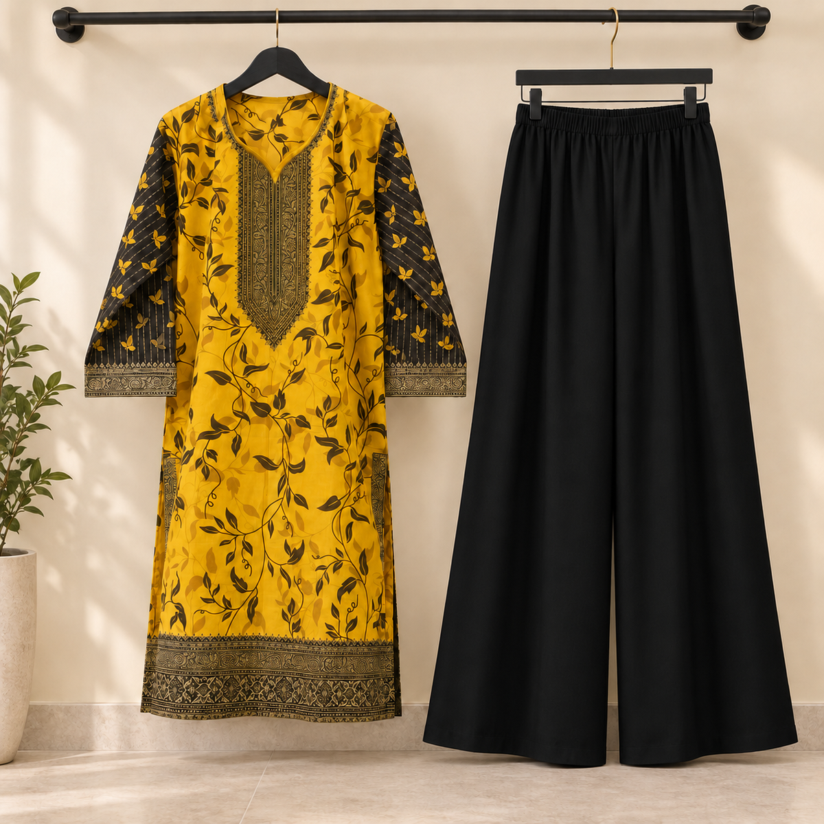 Mustard Vine Print Kurta & Black Palazzo Set