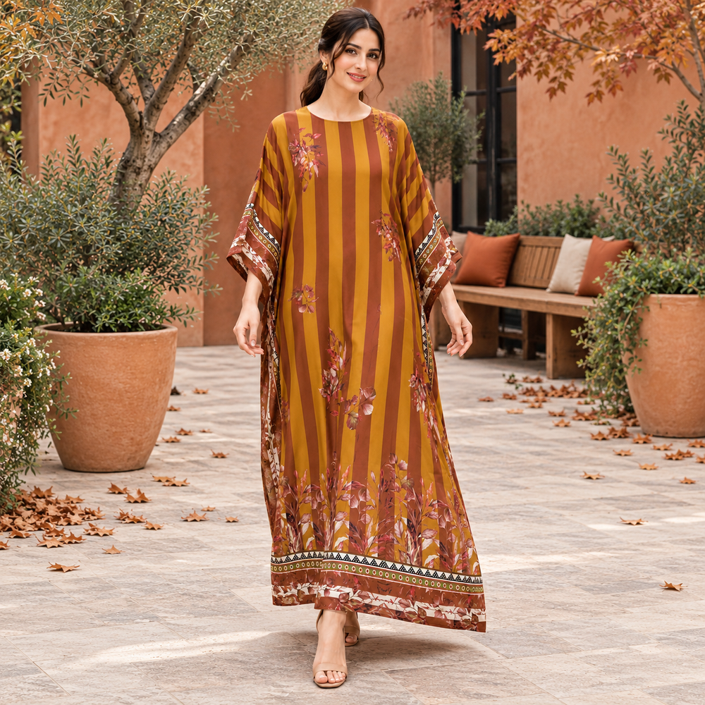Rust & Mustard Striped Floral Kaftan - Free Size