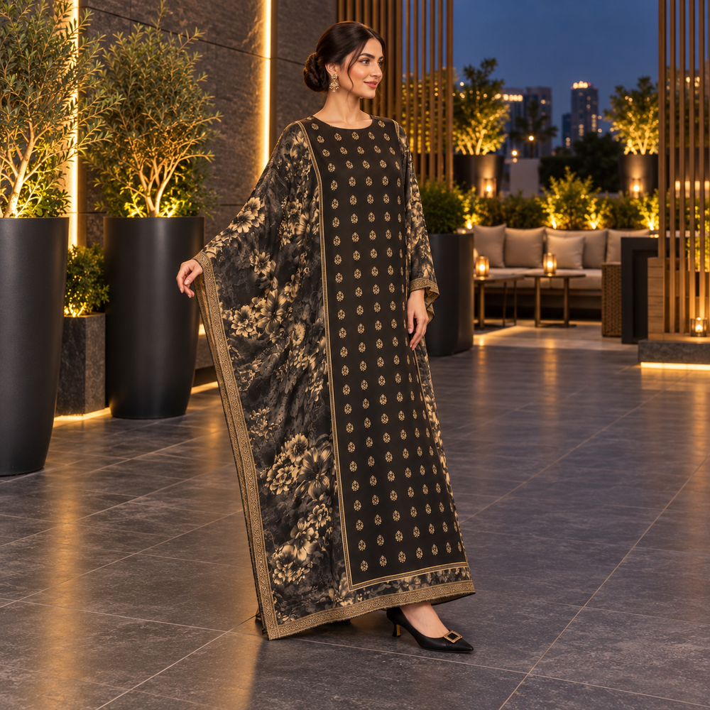 Midnight Black & Gold Floral Kaftan - Free Size