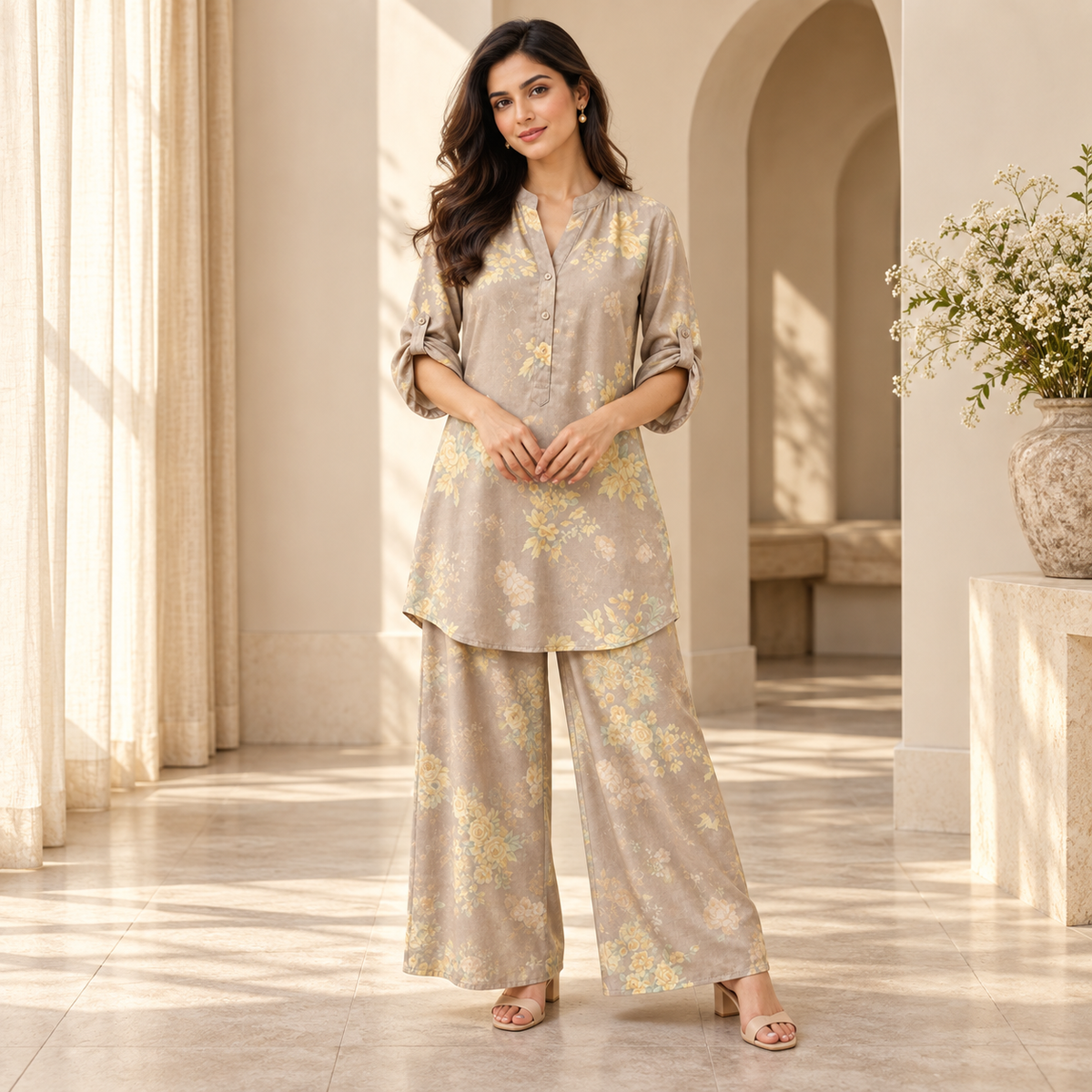 Soft Taupe Floral Tunic & Wide-Leg Trouser Co-Ord Set